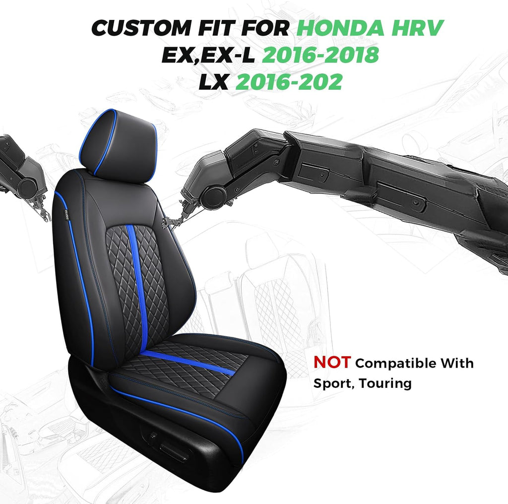 for Honda HRV Seat Covers 2016-2018 EX EX-L & 2016-2022 LX, Custom Fit Car Seat Cover Full Set, Luxury Leather HR-V Seat Protectors, Waterproof SUV Cushions Accessories, Black with Blue Trim