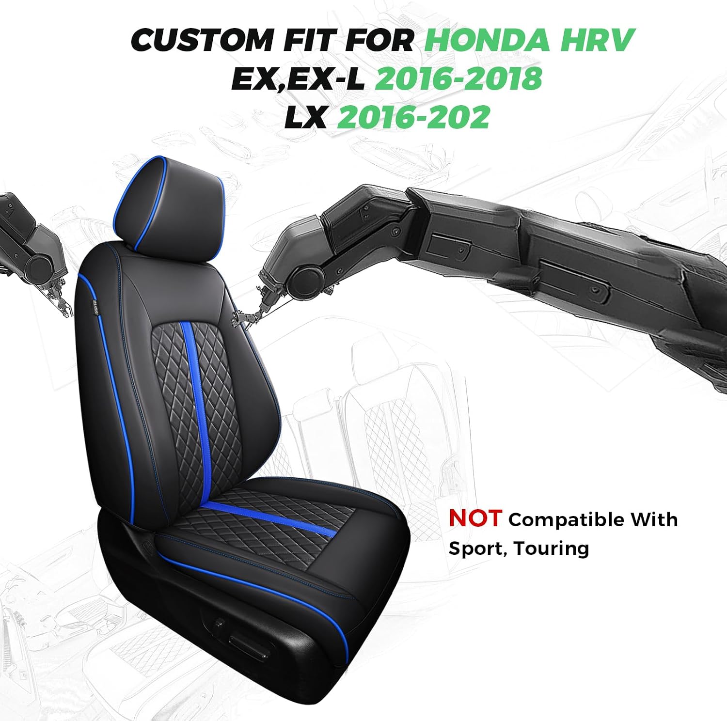 for Honda HRV Seat Covers 2016-2018 EX EX-L & 2016-2022 LX, Custom Fit Car Seat Cover Full Set, Luxury Leather HR-V Seat Protectors, Waterproof SUV Cushions Accessories, Black with Blue Trim