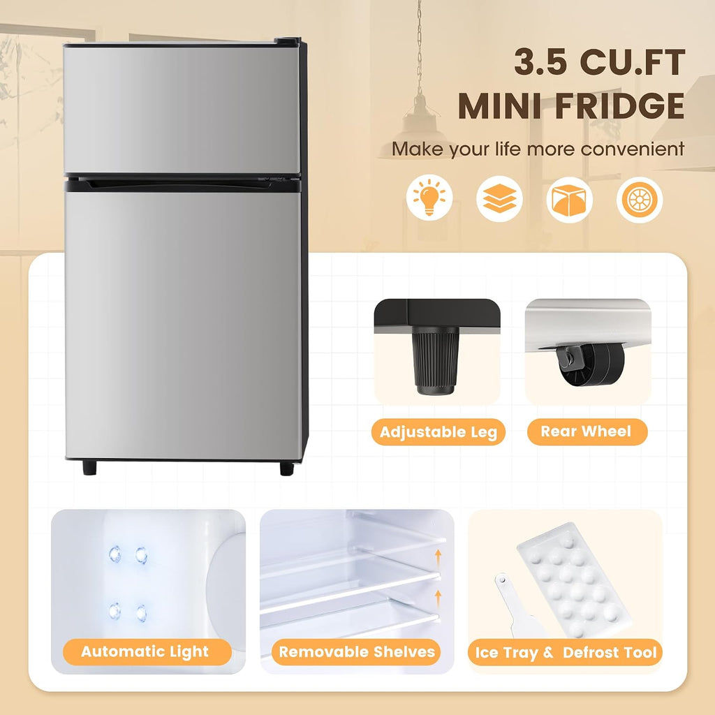 Manastin 3.5 Cu.Ft 2 Door Mini Fridge with Freezer, Small Refrigerator, 7 Level Adjustable Thermostat, Compact Fridge for Living Room, Dorm, Office, Kitchen and Apartment (Silver)