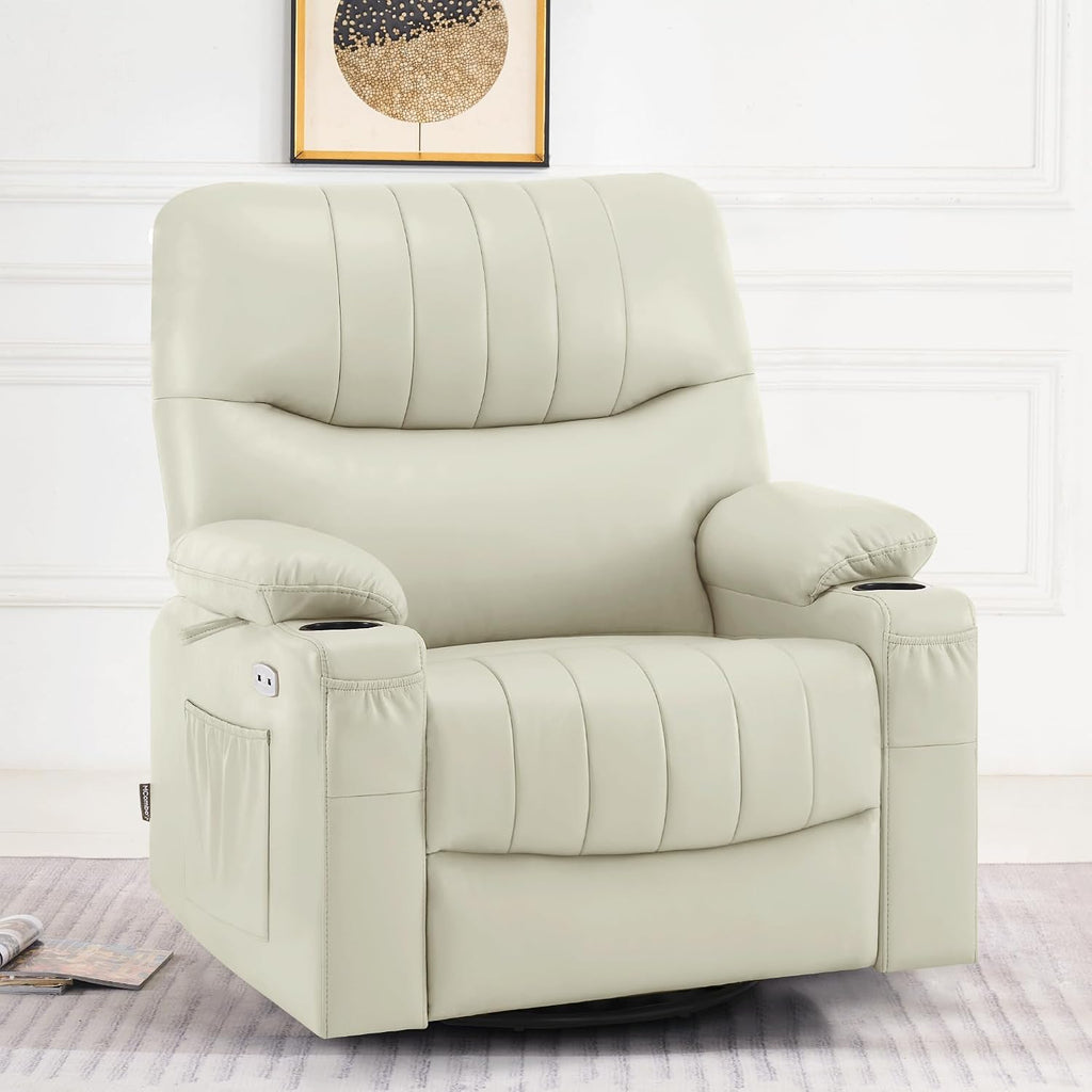 MCombo Oversized Swivel Glider Rocker Power Recliner Chair for Living Room with Heat and Vibration Massage, USB Ports, Cup Holders and Pockets, Faux Leather 7785 (Milk White)