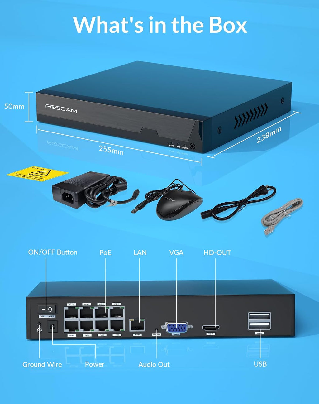 FOSCAM 3K 5MP 8CH PoE Network Video Recorder for Home Security Camera System,Work with 8MP(3CH)/5MP/4MP ONVIF IP Cameras with AI Human/Vehicle Detection,Remote Access 24/7 Recording,No Hard Disk Drive