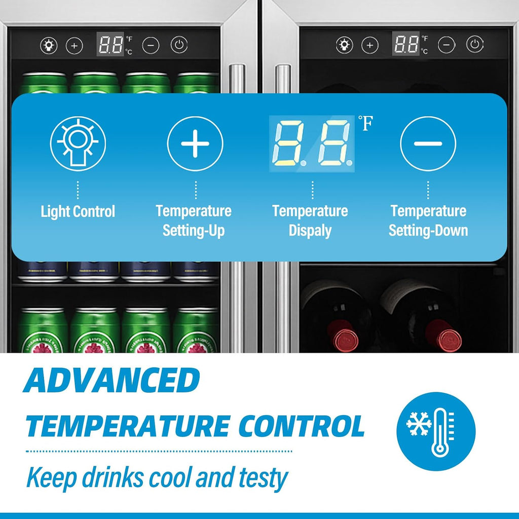 Stopasd Beverage Refrigerator, Dual Zone Beverage Cooler with Clear View Door, 21 Bottles and 88 Cans Large Capacity, Freestanding Drink Fridge with Adjustable Shelves & LED Light for Beer, Soda