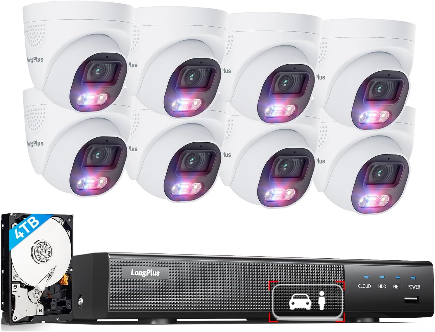 LongPlus 4K PoE Security Camera System, 12MP H.265+ 16CH NVR with 4TB HDD for 24-7 Recording, 8pcs Wired Home Security Camera System, Person Vehicle Detection, CCTV for Businesses Home, LP8MEF8D1