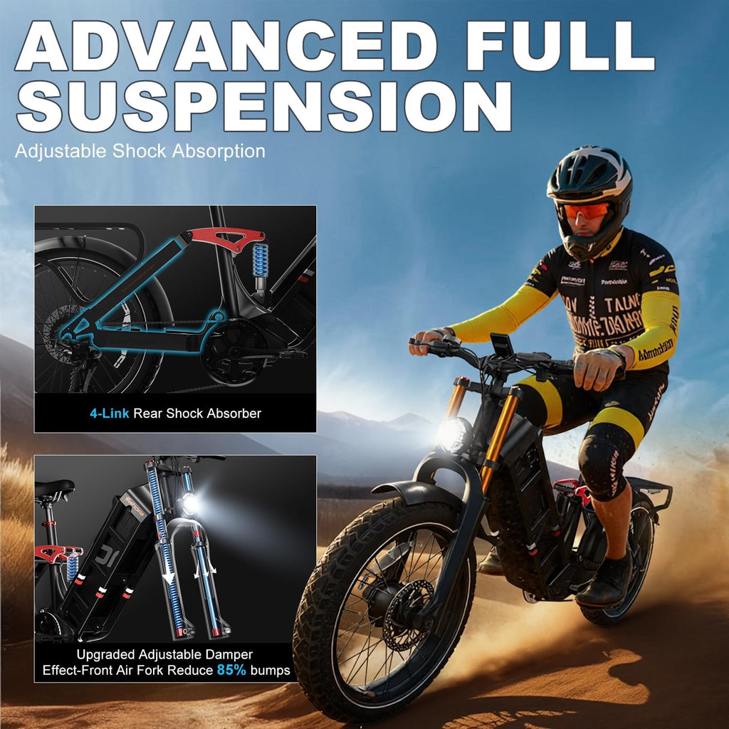eAhora Juliet Pro 2 EBike - Dual Motor 5400W/1200W 30-43MPH 60V 70Ah 200Mile Long Range Electric Bike for Adults, 20'' Fat Tire Fast Electric Mountain Bike Full Suspension Electric Bicycle