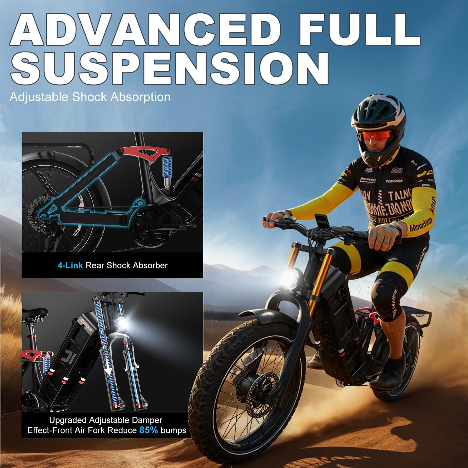 eAhora Juliet Pro 2 EBike - Dual Motor 5400W/1200W 30-43MPH 60V 70Ah 200Mile Long Range Electric Bike for Adults, 20'' Fat Tire Fast Electric Mountain Bike Full Suspension Electric Bicycle