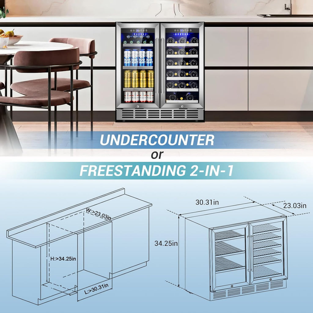 Velivi 30Inch Wine and Beverage Refrigerator - Dual Zone Beverage Cooler Under Counter, Holds Up to 30 Bottles & 90 Cans Drink and Beer Fridge Built-In for Home Kitchen Bar and Office