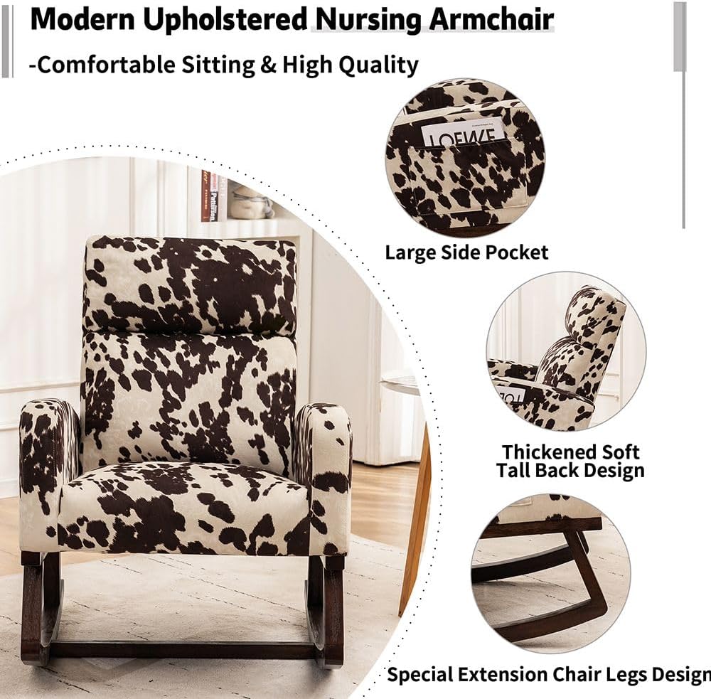 HCHAIRH Rocking Chair Nursery, Nursing Rocker Armchair with High Backrest, Comfy Rocking Chair for Nursery, Living Room,Bedroom, Cow Printed