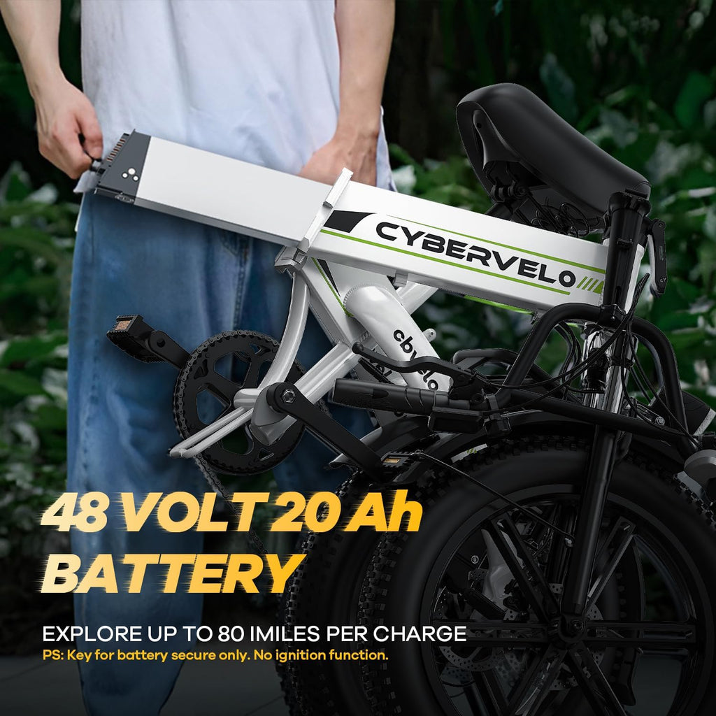 Cybervelo 750W Folding Electric Bike, 48V 20.8AH/50AH Large Removable Battery E-Bike, 80 Miles Max Range, 20' Fat Tire Electric Bike for Adults, Adult Electric Bicycles for Commute