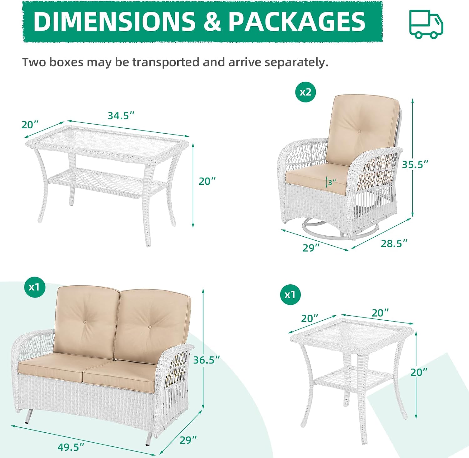 VIVIJASON 5-Piece Outdoor Patio White Wicker Conversation Sets, All Weather Outdoor Rattan Furniture Set Includes Glider Loveseat, 2 Coffee Table, 2 Swivel-Gliders Chairs with Cushions, Beige