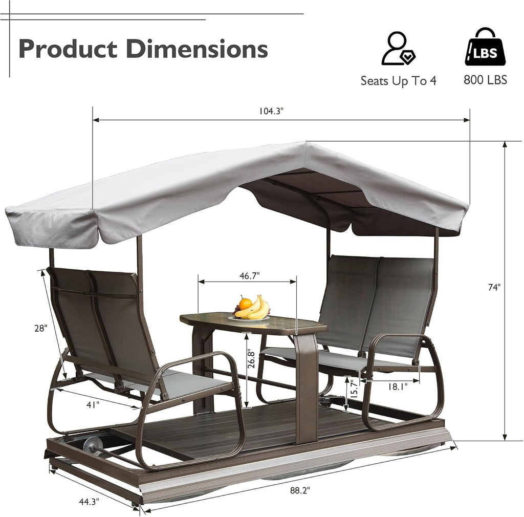 Domi 4-Seat Outdoor Glider Bench with Canopy, 800lbs Capacity Aluminum Rocking Chair with Zippered Mesh & Tempered Glass Table, Heavy Duty Outdoor Swing Chair for Patio, Backyard, Poolside
