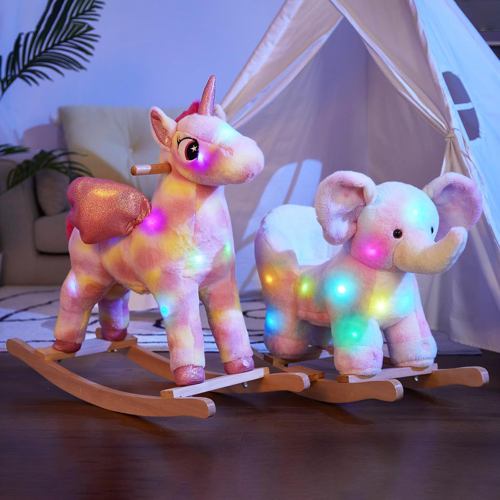 Glow Guards Light up Musical Elephant Baby Rocking Horse, Rainbow Elephant Rocker Set of 2 with Stuffed Animal, Stuffed Plush Ride-on Rocking Animal for Toddlers Baby Girl Ages 1-3