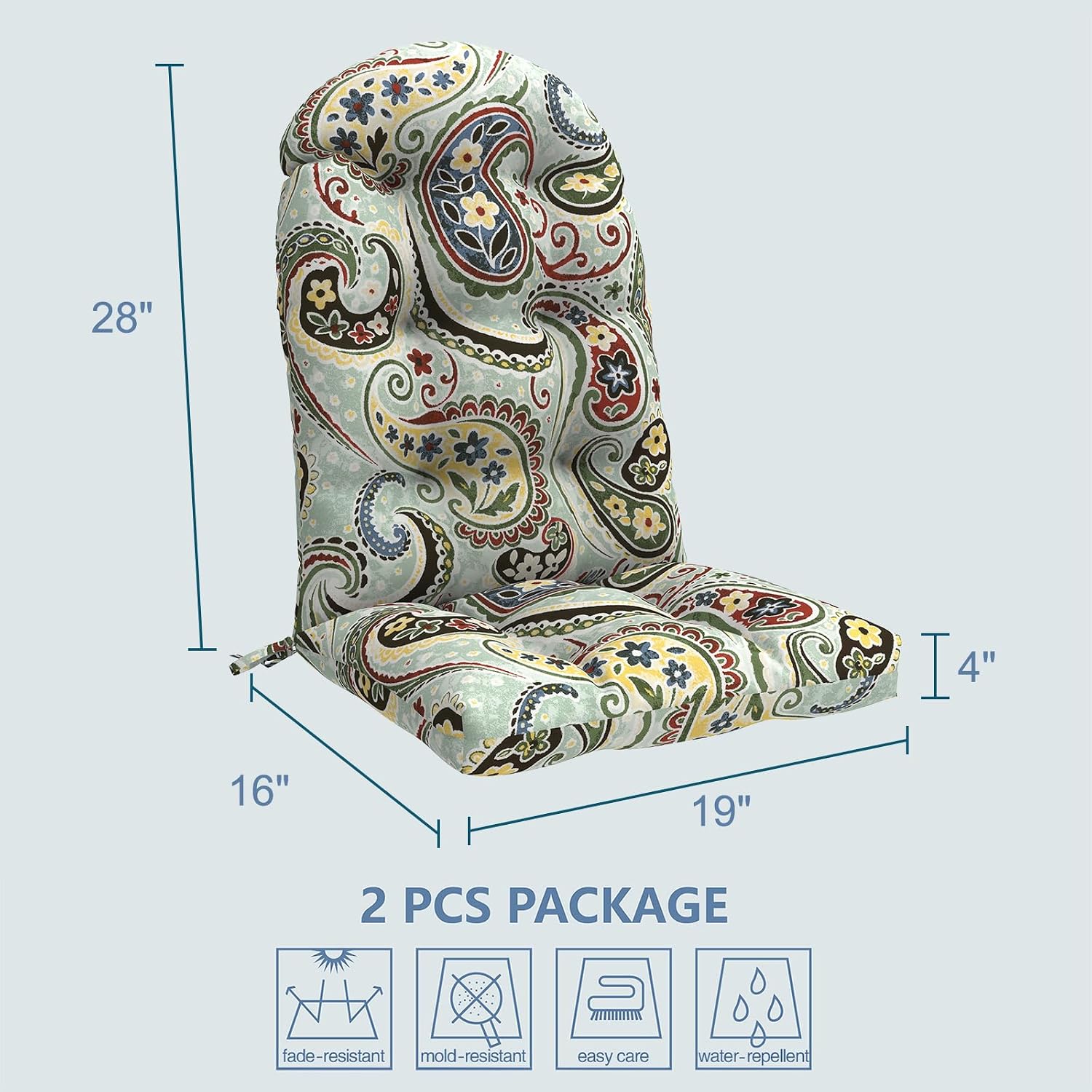 LVTXIII 2 Pack Outdoor Adirondack Chair Cushions, 44x19x4 Inch Water Repellent Patio Cushions for Rocking Chairs, Thick Tufted High Back Seat Cushion Set, Paisley Light Cyan