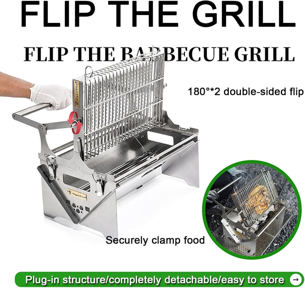 Outdoor Barbecue Grill Portable BBQ Grill, Stainless Steel Charcoal Grill Foldable BBQ Smoker, 180°*2 Double-sided Flipping, for Picnic, Terrace, Camping