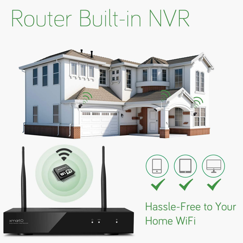 XMARTO [Expandable 8CH] Wireless Security Camera System, 2pc WiFi [PTZ Cameras Outdoor] + 2pc Bullet IP Cameras for Home Surveillance, 8CH 1080p NVR (Built-in Router, Auto Pair, Mobile View, 1TB HDD)