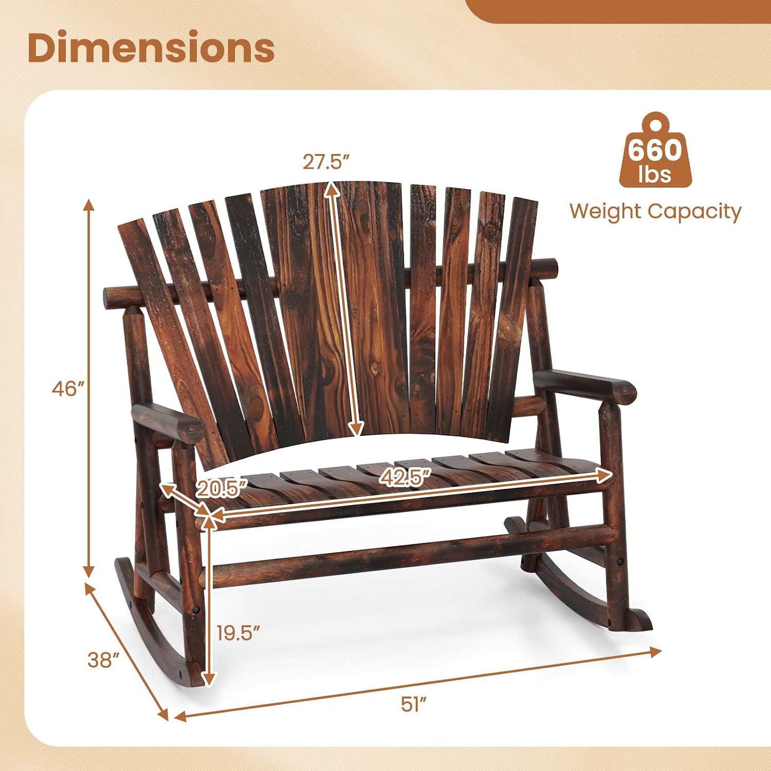 Giantex Outdoor Wooden Rocking Bench, 2-Person Adirondack Porch Rocker Chair with High Back and Slatted Seat, Rustic Log Loveseat for Front Porch Patio, Backyard, Garden, Brown, 51'x38'x46'