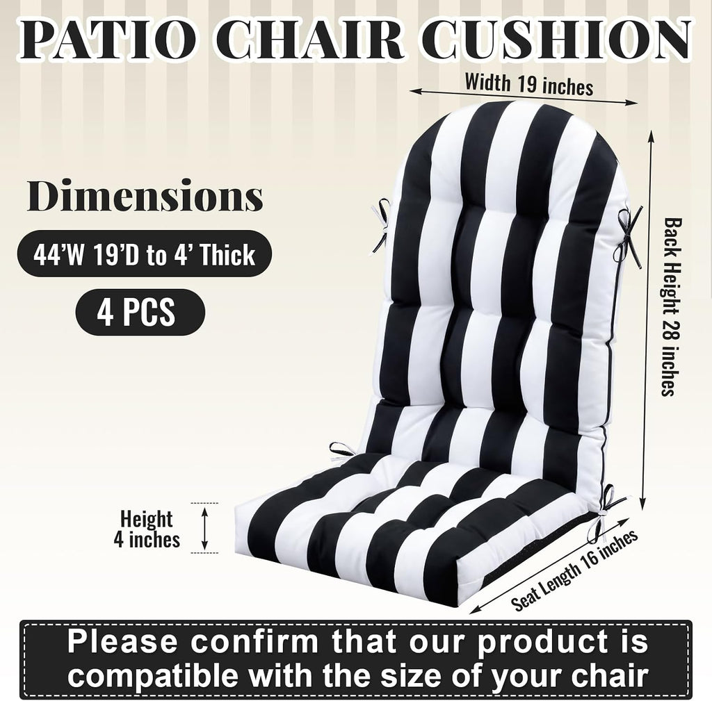 Geelin 4 Pcs Outdoor Patio Chair Cushion Thick High Back Adirondack Chair Cushion Tufted Weather & Fade Resistant Anti-Slip Outside Rocking Chairs Pads with Ties, 44 x 19 x 4 Inch (Black White Stripe)