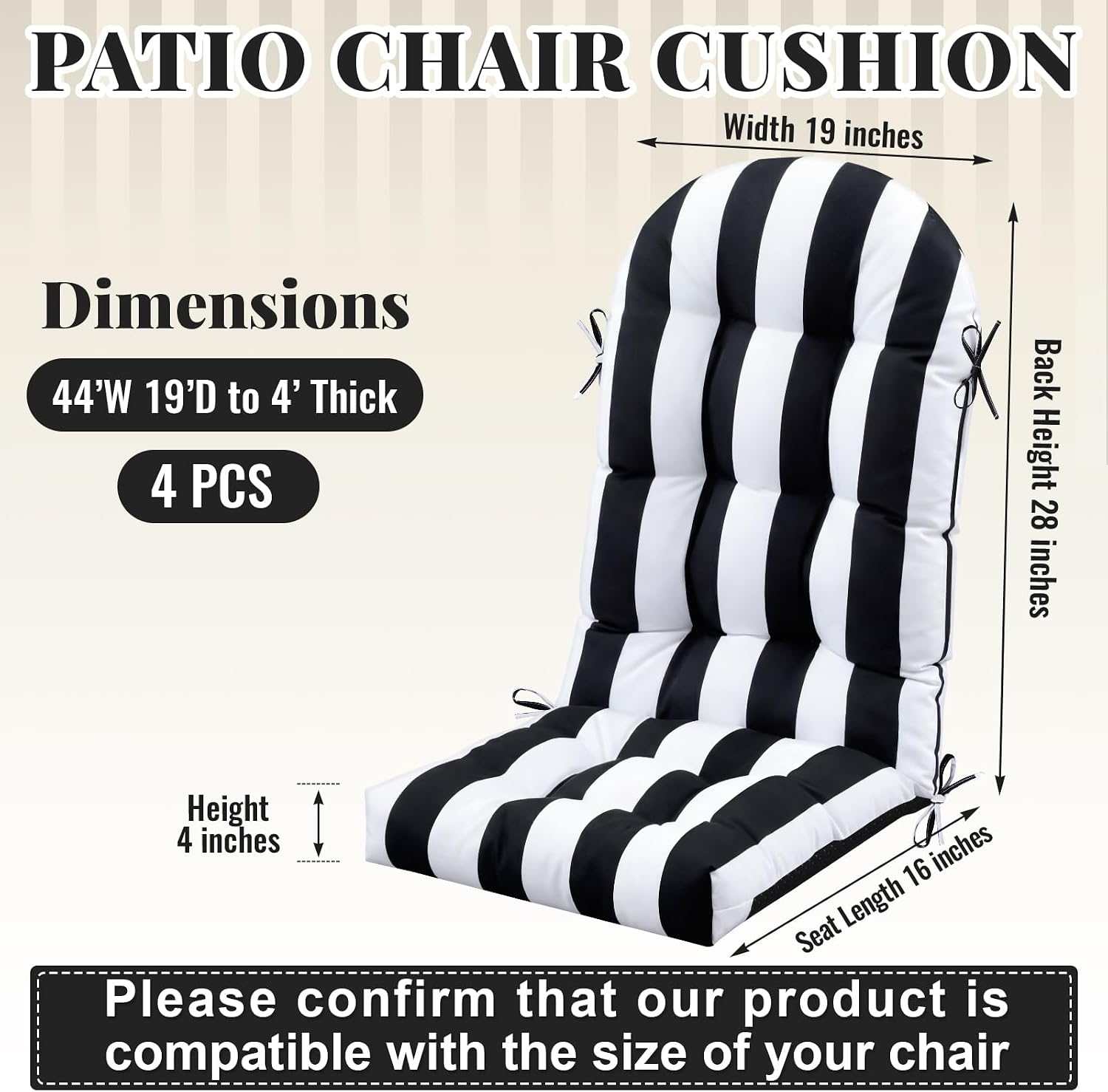 Geelin 4 Pcs Outdoor Patio Chair Cushion Thick High Back Adirondack Chair Cushion Tufted Weather & Fade Resistant Anti-Slip Outside Rocking Chairs Pads with Ties, 44 x 19 x 4 Inch (Black White Stripe)