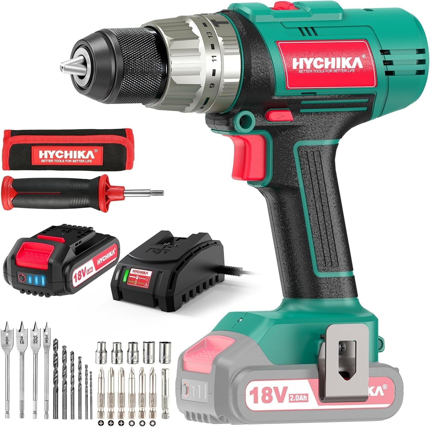 2 Sets of 18V Cordless Hammer Drill Driver, 400 In-lbs Torque Power Drill with Auxiliary Handle, 1/2' Metal Chuck, 2.0Ah Battery, 1H Fast Charger, 21+3 Clutch, LED Light for Drilling Wood Metal Wall