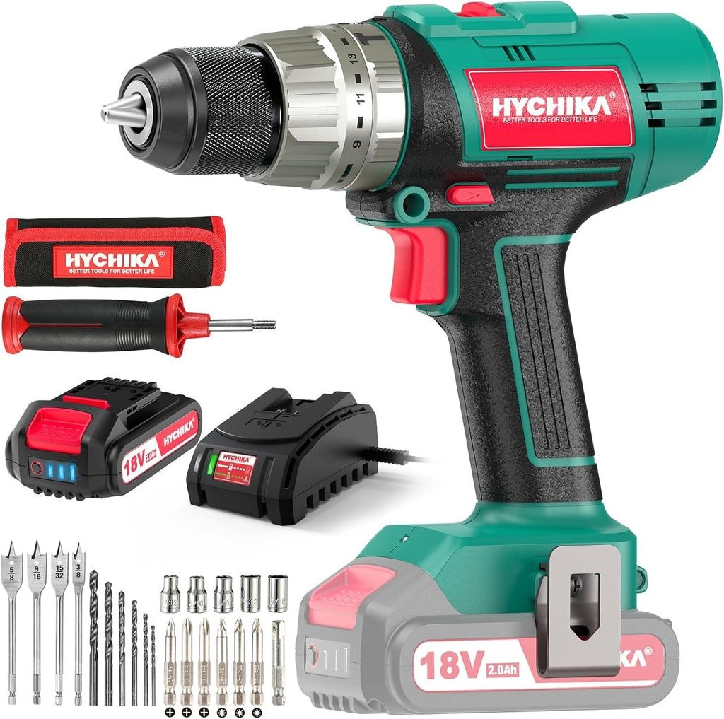 HYCHIKA Cordless Hammer Drill Driver 18V,180W Rotary Tool,2-Tool Power Tool Set Combo Kit