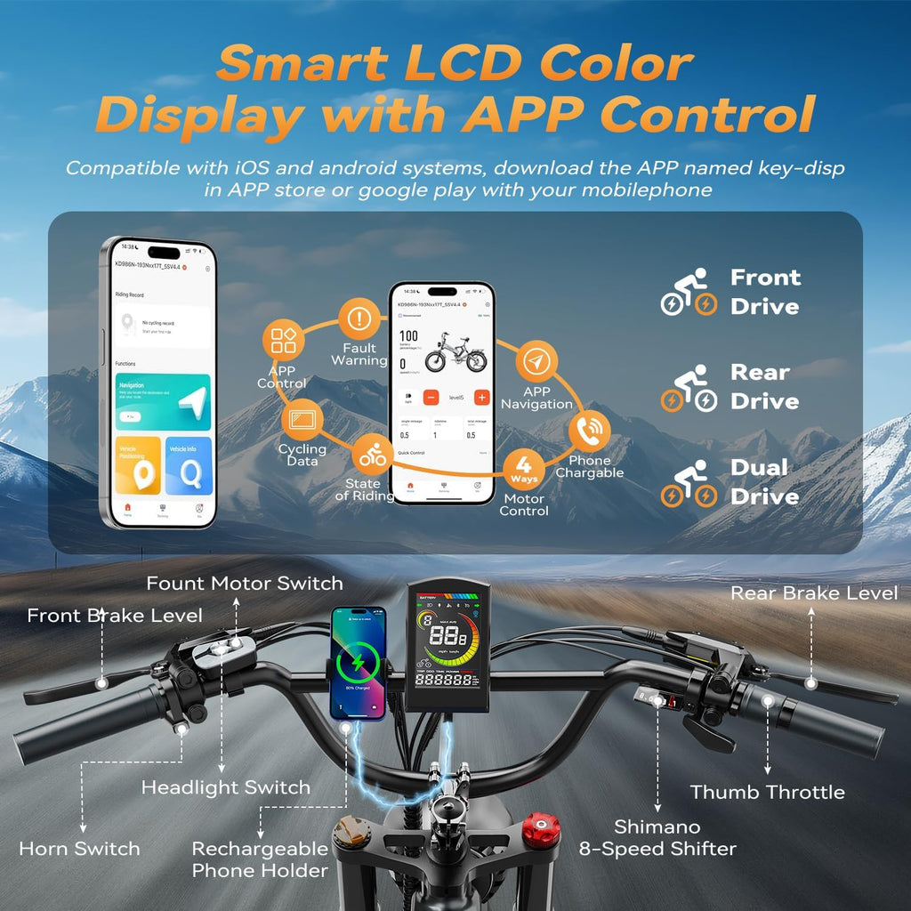 2000W/3000W Peak Motor Electric Bike for Adults, 48V/52V 25AH/30AH Battery Full Suspension Foldable Ebike, 20'x4.0' Fat Tires 35MPH Dirt Bike, 100/120 Miles Hydraulic Brake Magnesium Alloy Motorcycle