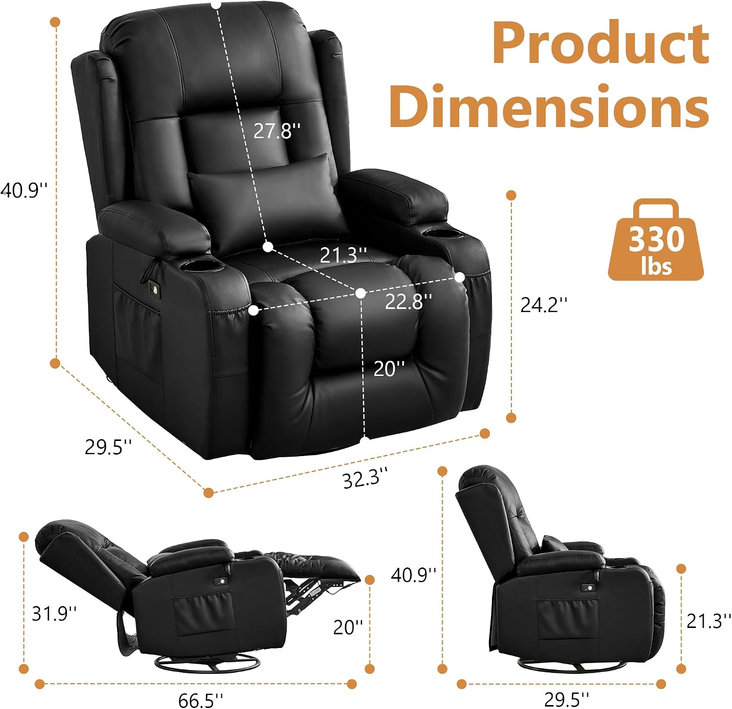URRED Rocker Recliner Chair for Adults, 270° Swivel Glider Reclining Single Sofa with LED Ambient Light and Storage, Faux Leather Recliner for Living Room or Home Theater (Black, Set of 1)
