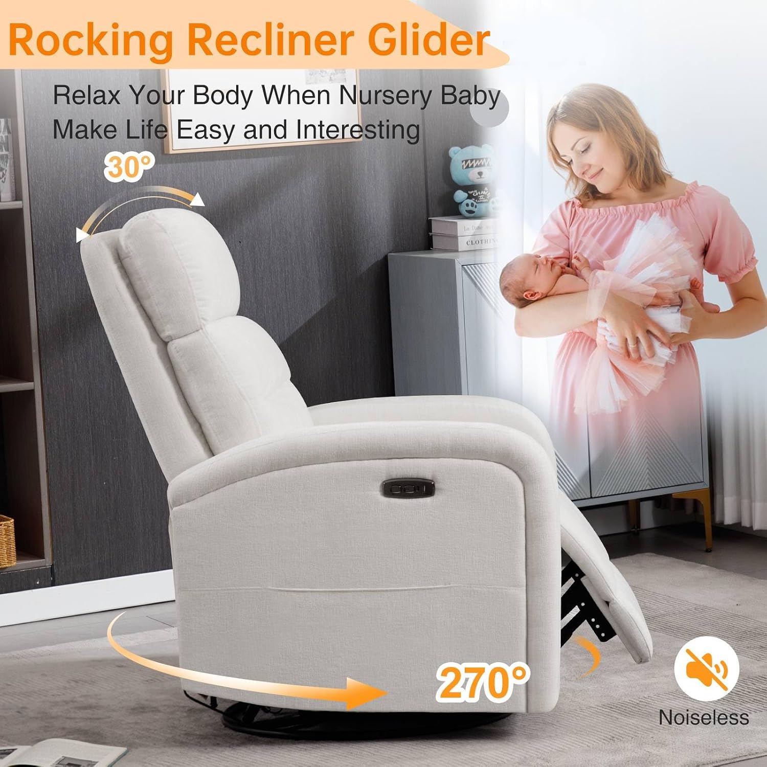 Power Swivel Rocker Recliner Chair for Nursery, Electric Rocking Reclining Chair, Upholstered Glider Nursery Recliner for Living Room, Bedroom, Chenille White