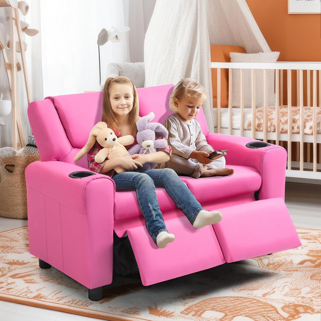 AVAWING Kids Recliner Chair, Double Kids Sofa Chair w/Cup Holder PU Leather, Toddler Loveseat Couch w/Adjustable Footrest & Headrest for Boys Girls 3+ Age Group, Pink