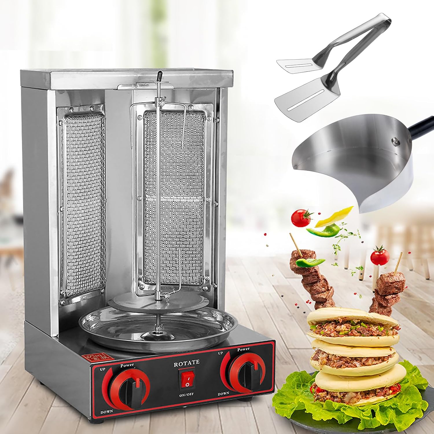 BBQ Meat Machine, Vertical Auto-Rotate Kebab Doner Grill with Meat Spatula,50-300℃ Temp Control, Stainless Steel Gas Broilers Rotisserie Oven