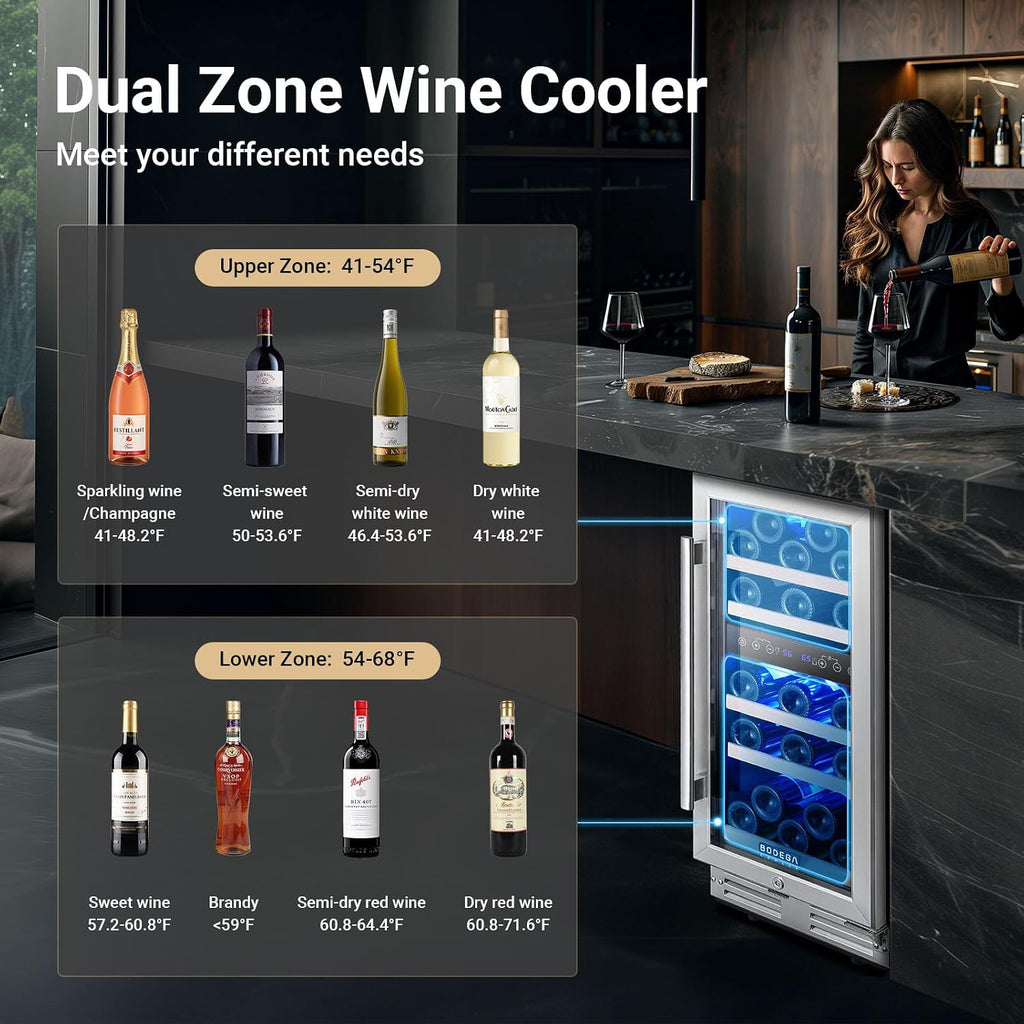 BODEGA 15' Wine Cooler, 30 Bottle Dual Zone Wine Fridge With Double-Layer Glass Door, Freestanding or Built-In Wine Fridge with Blue LED Light & Stainless Steel Handle, for Home, Kitchen,Bar, Black.