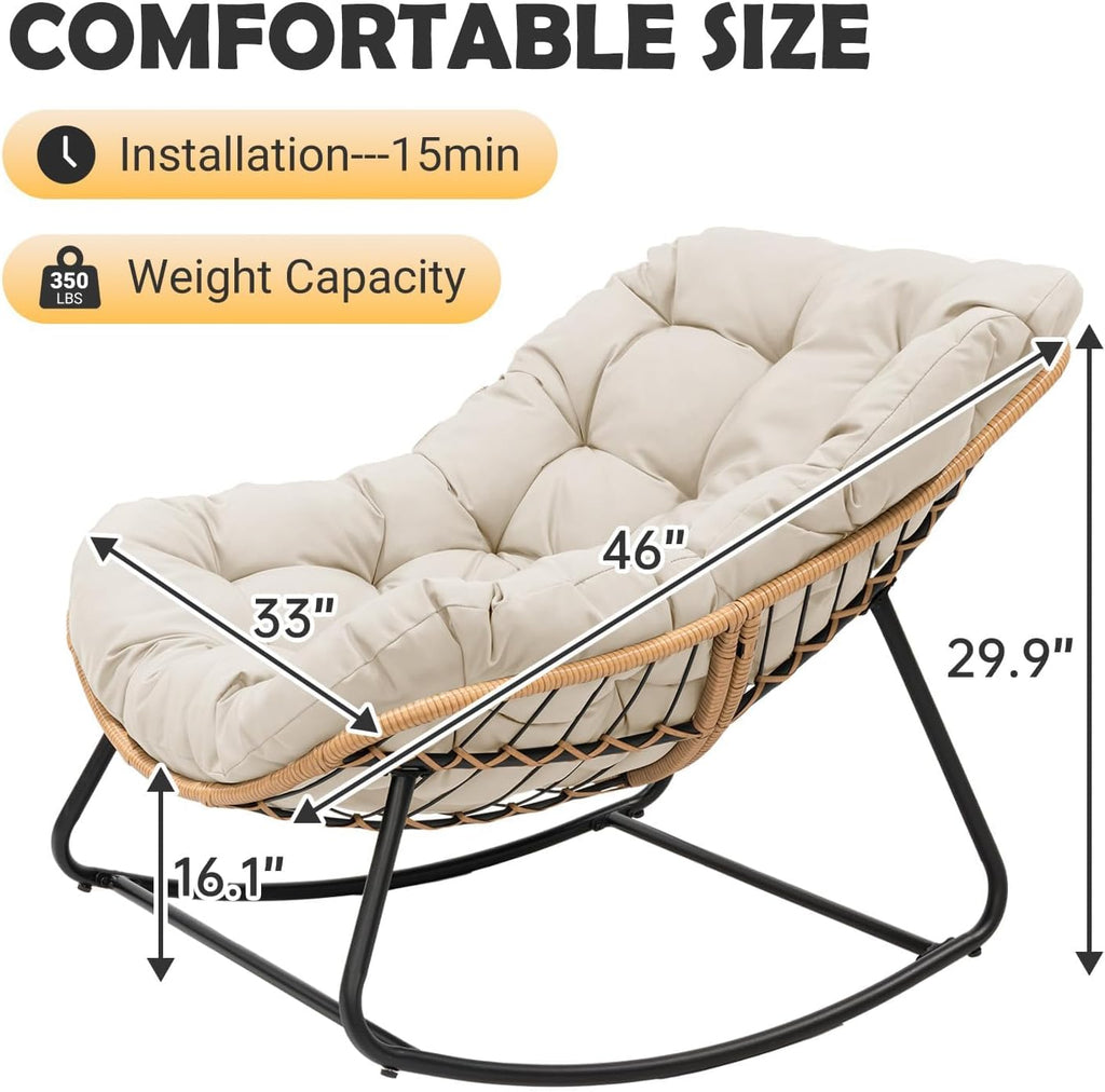 PROHIKER Outdoor Papasan Rocking Chair, Indoor Egg Rocking Chair with Thick Cushion, Oversized Wicker Rattan Patio Lounge Chairs for Backyard, Balcony, Living Room (Beige)