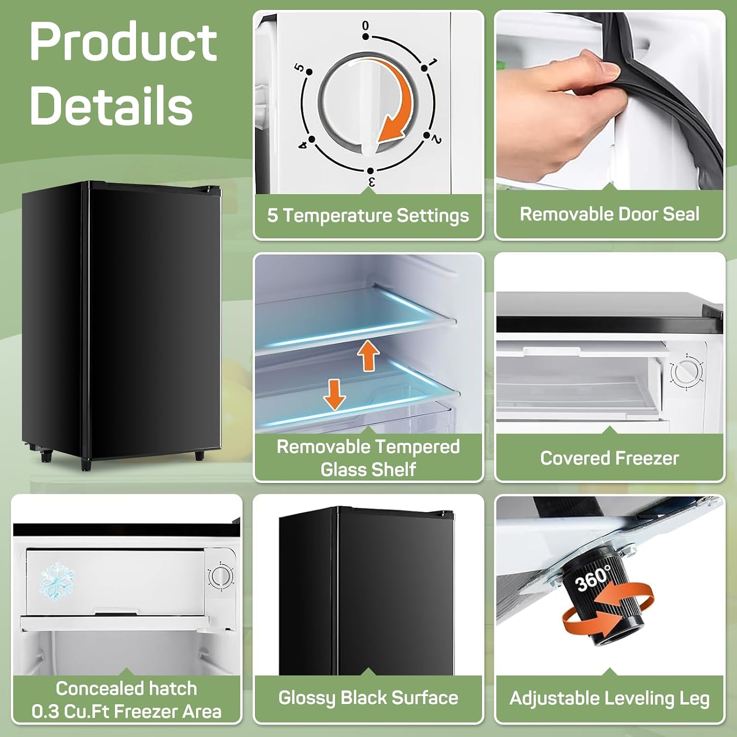 Mini Fridge for Bedroom, 3.2 Cu.Ft Small Refrigerator with Freezer for Dorm Office, Compact Single Door Adjustable Thermostat Low Noise, 17.5'D x 17.7'W x 31.5'H