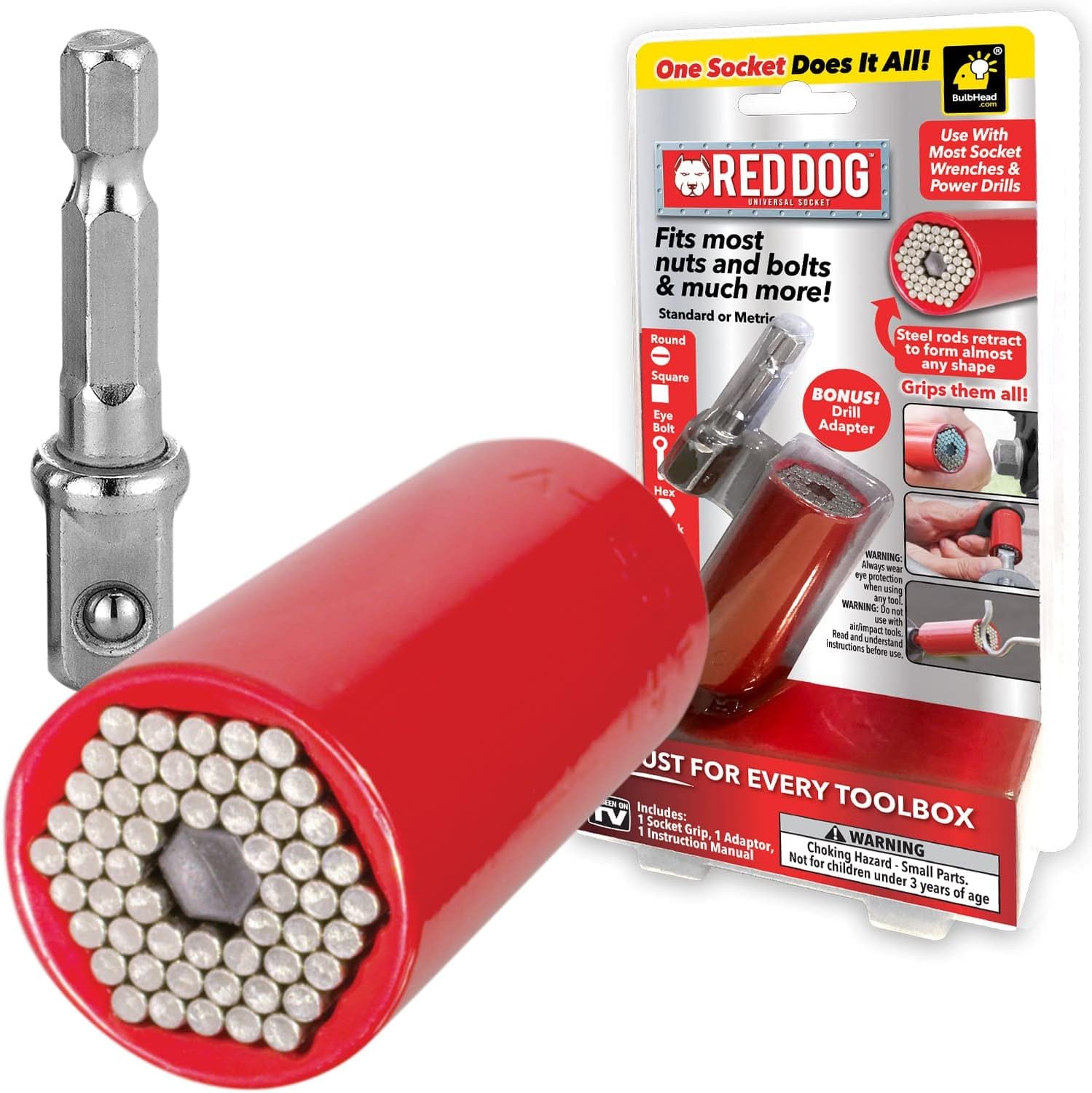 Red Dog Socket w/Drill Adapter, Fits Most Nuts & Bolts, Use with Socket Wrenches & Power Drills, Steel Rods Form Any Shape, Standard or Metric, 2 In. (Pack of 8)