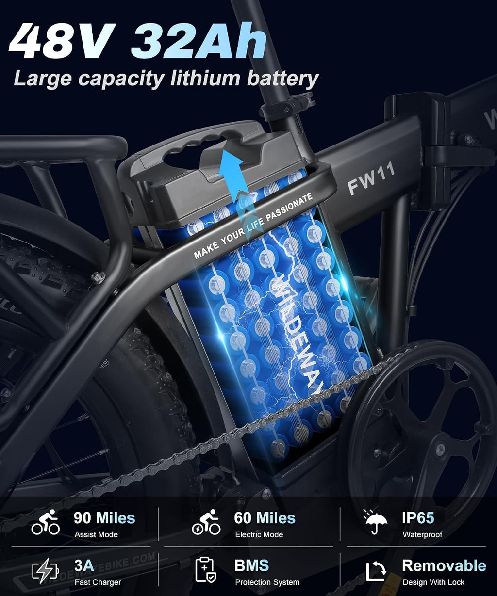 Wildeway Folding Electric Bike for Adults with 32Ah Battery Long Range 750W Motor 28MPH,20'x 3.0'Fat Tire Foldable EBike, Urban City Commuter Men Women Bicycle 7 Speed Gear