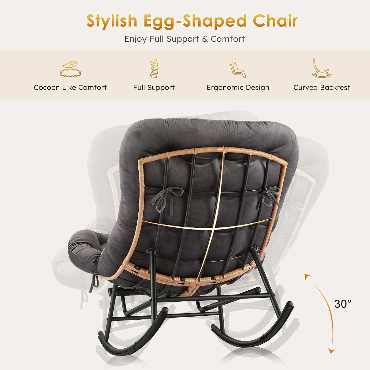 Takywep Rocking Chair - Oversized Outdoor Rocking Chairs with Footrest, Indoor Papasan Rocker Egg Chair for Bedroom, Living Room, Porch, Garden, Lawn (Dark Grey-Flannel)