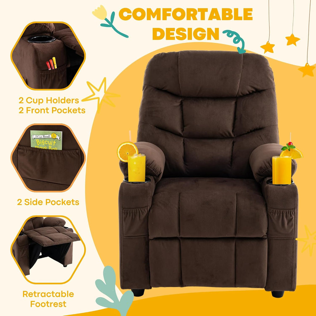 Donut Larger Kids Reclining Chair Velvet Fabric Recliner Sofa Push Back Lounge Children Toddler Boys Girls Ages 3-12 with Dual Cup Holders and 4 Pockets