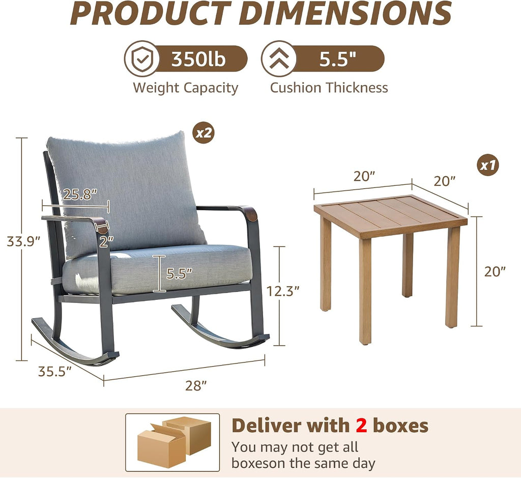 NATURAL EXPRESSIONS Glider Rocking Chair Bistro Set, 3 Pieces Outdoor Patio Furniture Conversation Set with 2 Rocker Chairs, 1 Table and Thick Cushions for Backyard, Porch, Balcony, 350lbs, Grey.