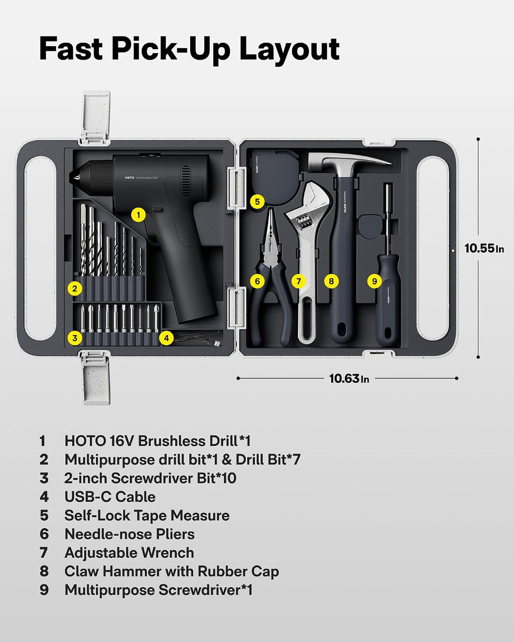HOTO 25PCS Household Tool Kit with 16V Brushless Drill, 3/8' Keyless Chuck, Smart Display, 50 N·m Torque, 32 Torque Settings, LED Light, Includes Hammer, Wrench, Pliers, 8 x Drill Bits, 10 x Bits