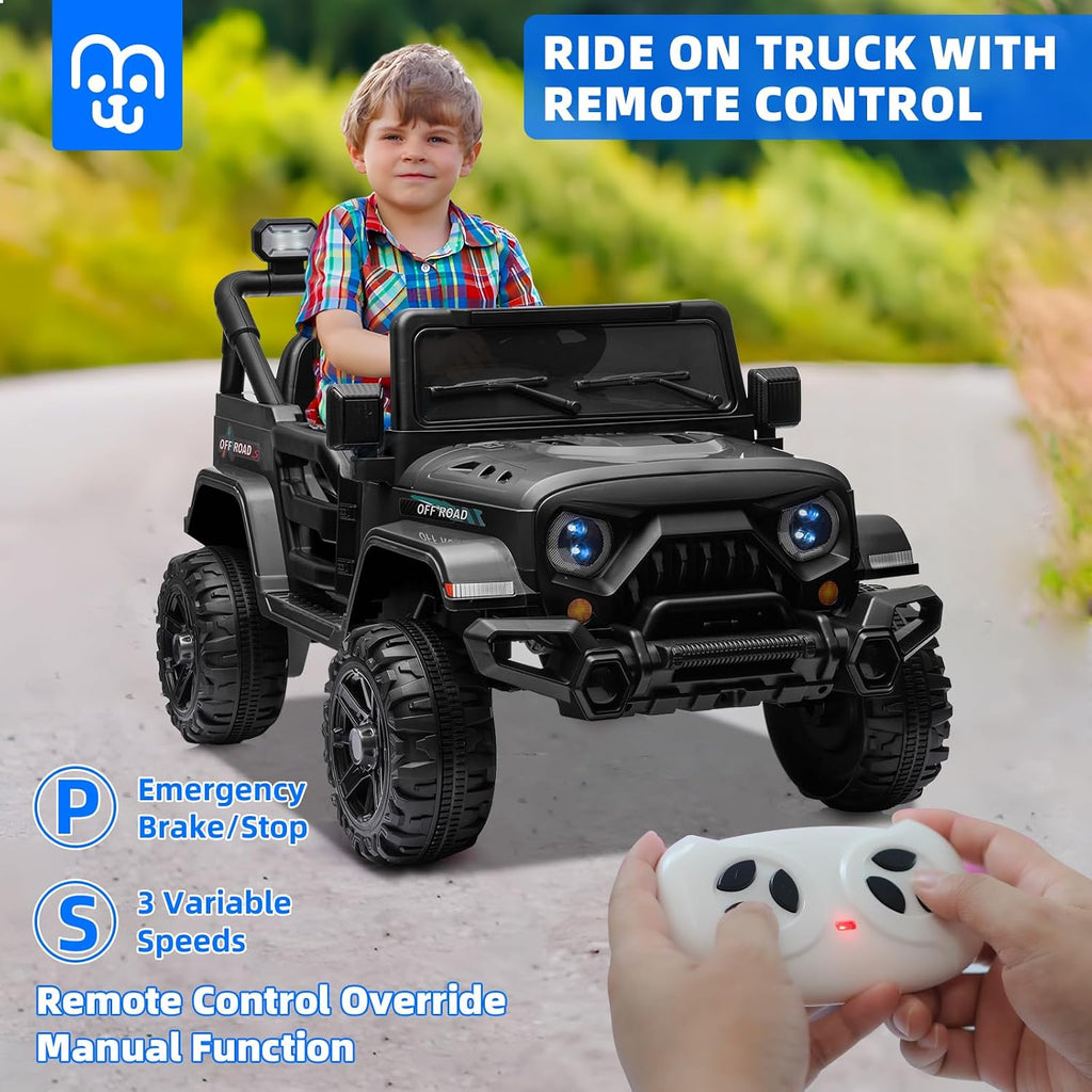 MINIATURE MOTORS 12V Kids Electric Ride on Truck Car Remote Control, Twin 35W Motors 3.5MPH Max Speed, Bluetooth Music Player, 4 Wheels Suspension LED Lights Safety Belt, Gift for Boys & Girls-Black