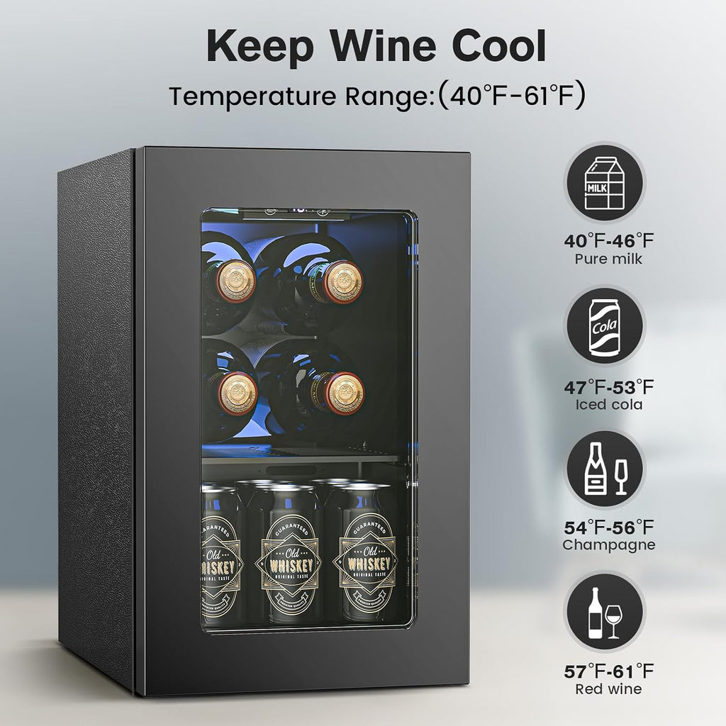 Electactic Wine Cooler Refrigerator with Glass Door, Mini Wine Fridge for Red, White and Champagne, Built-in Wine Cellar, 40-61F Digital Temperature Control, Indoor Use