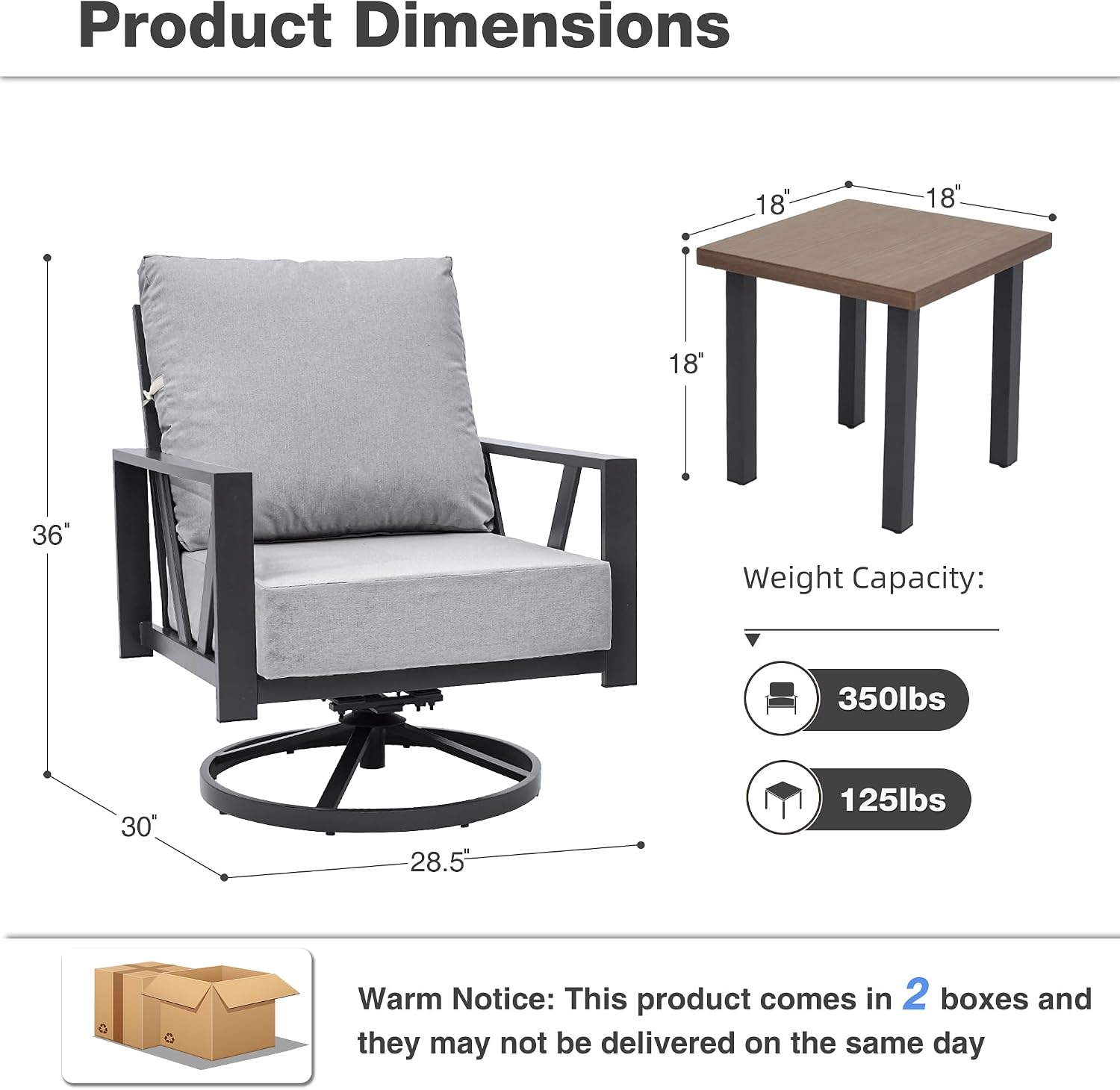 Outdoor Patio Swivel Rocking Chairs Set, Front Porch Furniture with 6' Thick Cushions, 3 Pieces Outdoor Bistro Set with Coffee Table, 350lbs, Light Grey