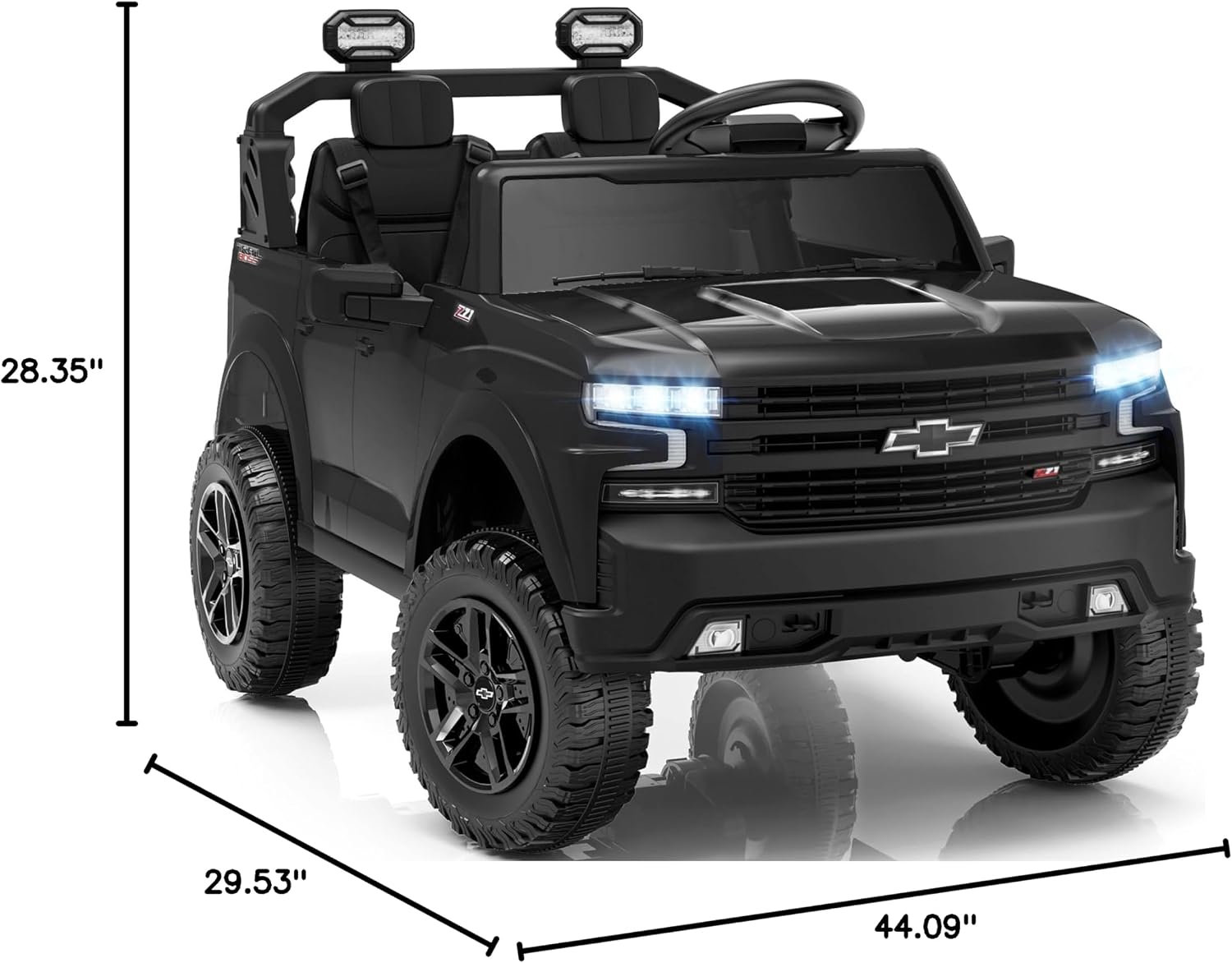 First Ride On 24V 2 Seater Ride on Toys Licensed Chevrolet Silverado, Electric Vehicle with Remote Control and Seat Belts, Electric Ride On Truck wtih Trunk, Bluetooth and LED Lights (Black)