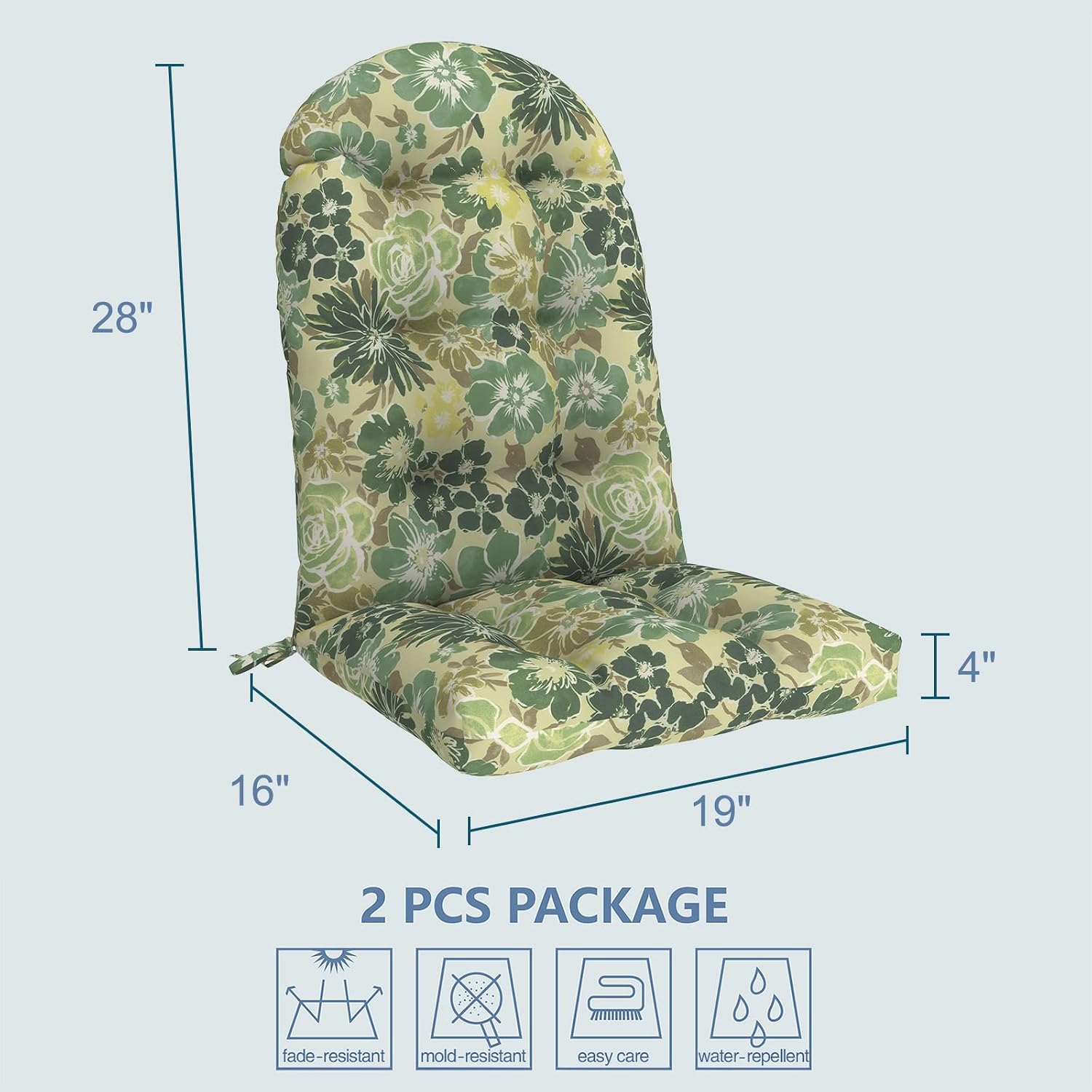 LVTXIII 2 Pack Outdoor Adirondack Chair Cushions, 44x19x4 Inch Water Repellent Patio Cushions for Rocking Chairs, Thick Tufted High Back Seat Cushion Set, Green Rose