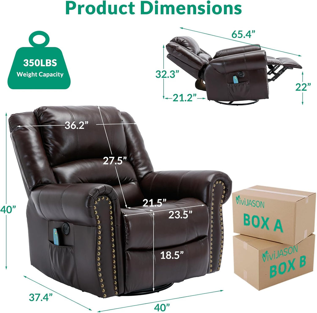 VIVIJASON Manual Rocker Recliner Chair, 360° Swivel Glider Rocking Chair with Heat & Vibration Massage, Faux Leather Reclining Chair with Remote Control, Side Pockets & USB Ports for Living Room
