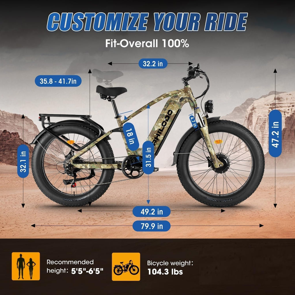 Electric-Bike for Adults, Dual-Motor-Ebike Hunting-Ebike 5000W, 60V 32AH Long Range Dirtbike, Fat-Tire-Electric-Bicycle, Full Suspension for Off-Road Snow Sand