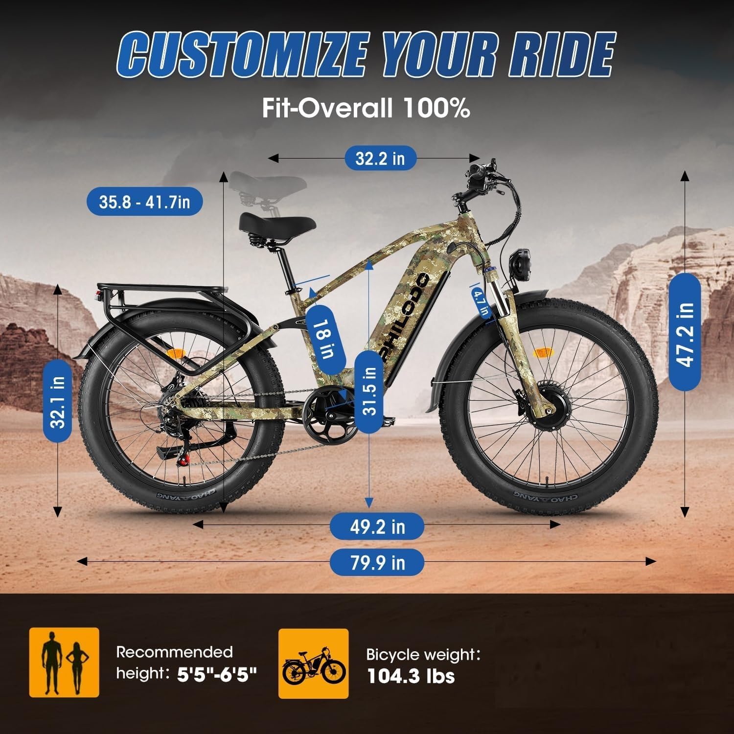 Electric-Bike for Adults, Dual-Motor-Ebike Hunting-Ebike 5000W, 60V 32AH Long Range Dirtbike, Fat-Tire-Electric-Bicycle, Full Suspension for Off-Road Snow Sand