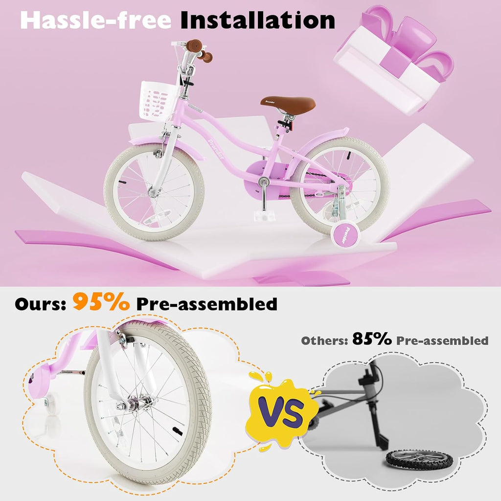 BABY JOY Kids Bike, 12 14 16 18 20 Inch Boys Girls Bike w/Adjustable Seat, Removable Basket, Handbrake & Coaster Brake, Training Wheels or Kickstand, Kids Bicycle with Multi-Color