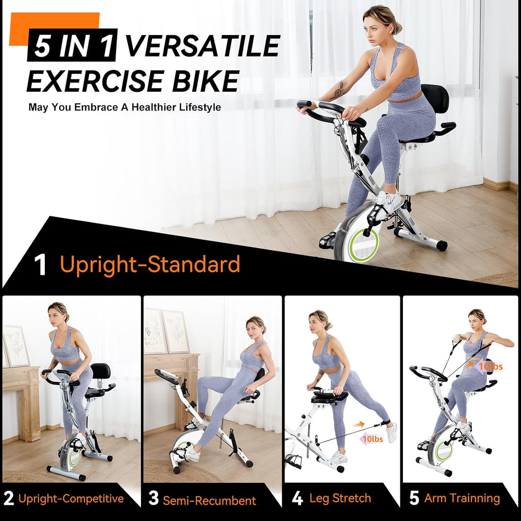 USLIM Foldable Exercise Bike Stationary Bikes for Home, 5 IN 1 Indoor Workout Bike, Cycling Bike with 16-Level Quiet Magnetic Resistance, 6.6 LBS Flywheel and 300LBS Capacity for Senior and Home Workout