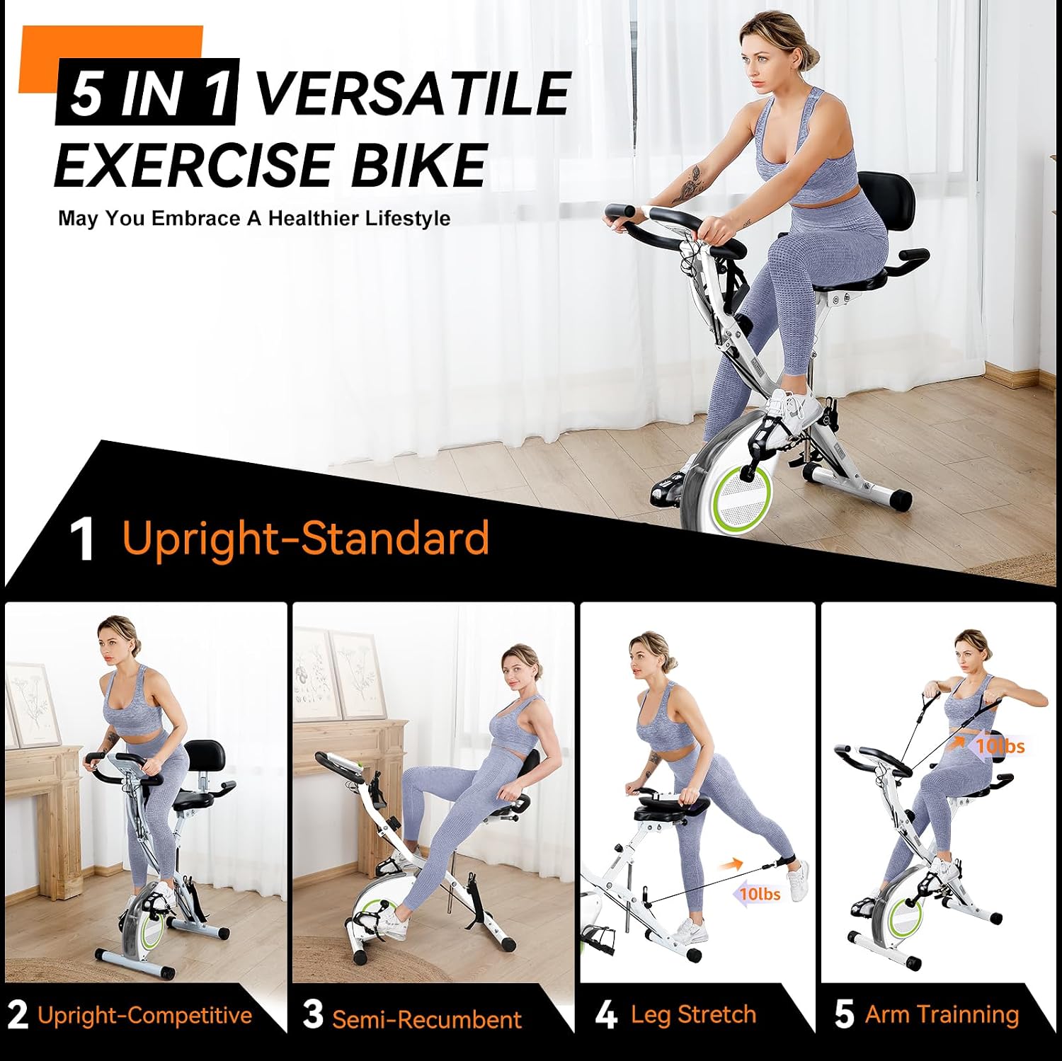 USLIM Foldable Exercise Bike Stationary Bikes for Home, 5 IN 1 Indoor Workout Bike, Cycling Bike with 16-Level Quiet Magnetic Resistance, 6.6 LBS Flywheel and 300LBS Capacity for Senior and Home Workout