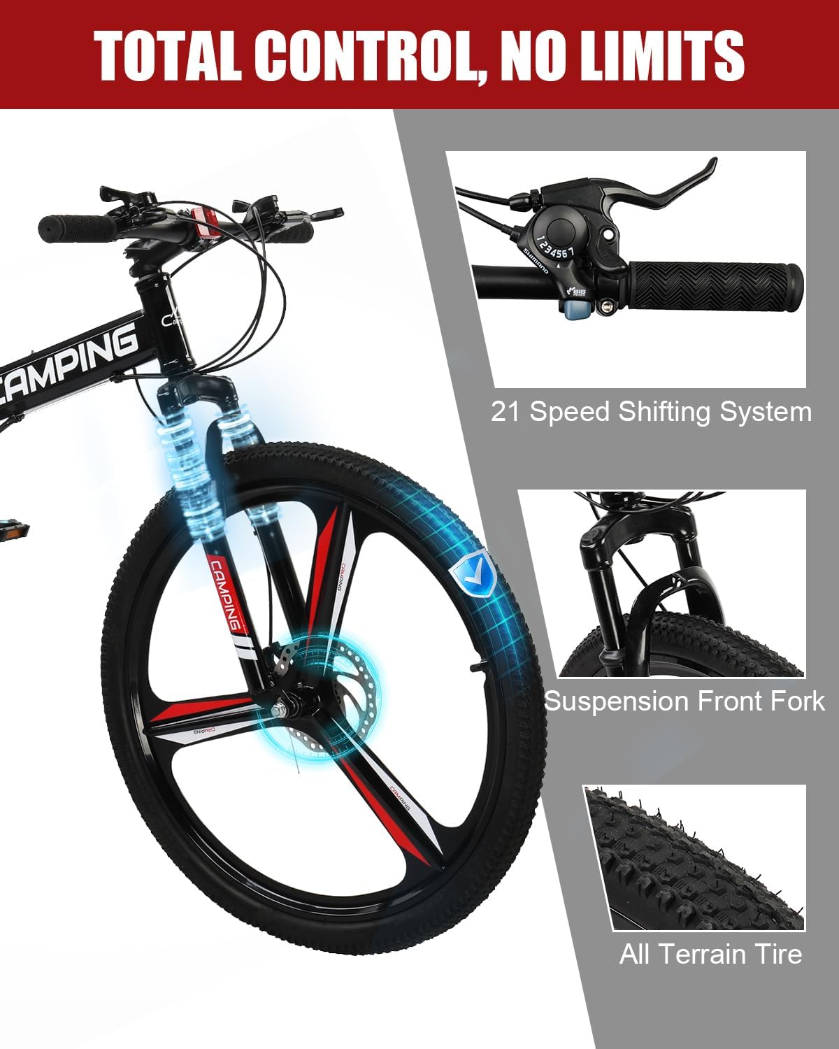 Ktaxon Foldable Mountain Bike 26 Inch Bike 21-Speed Bikes for Adults with Cool Design, Powerful Mechanical Dual Disc Brakes, Double Shock Effect and Ergonomic Cushion