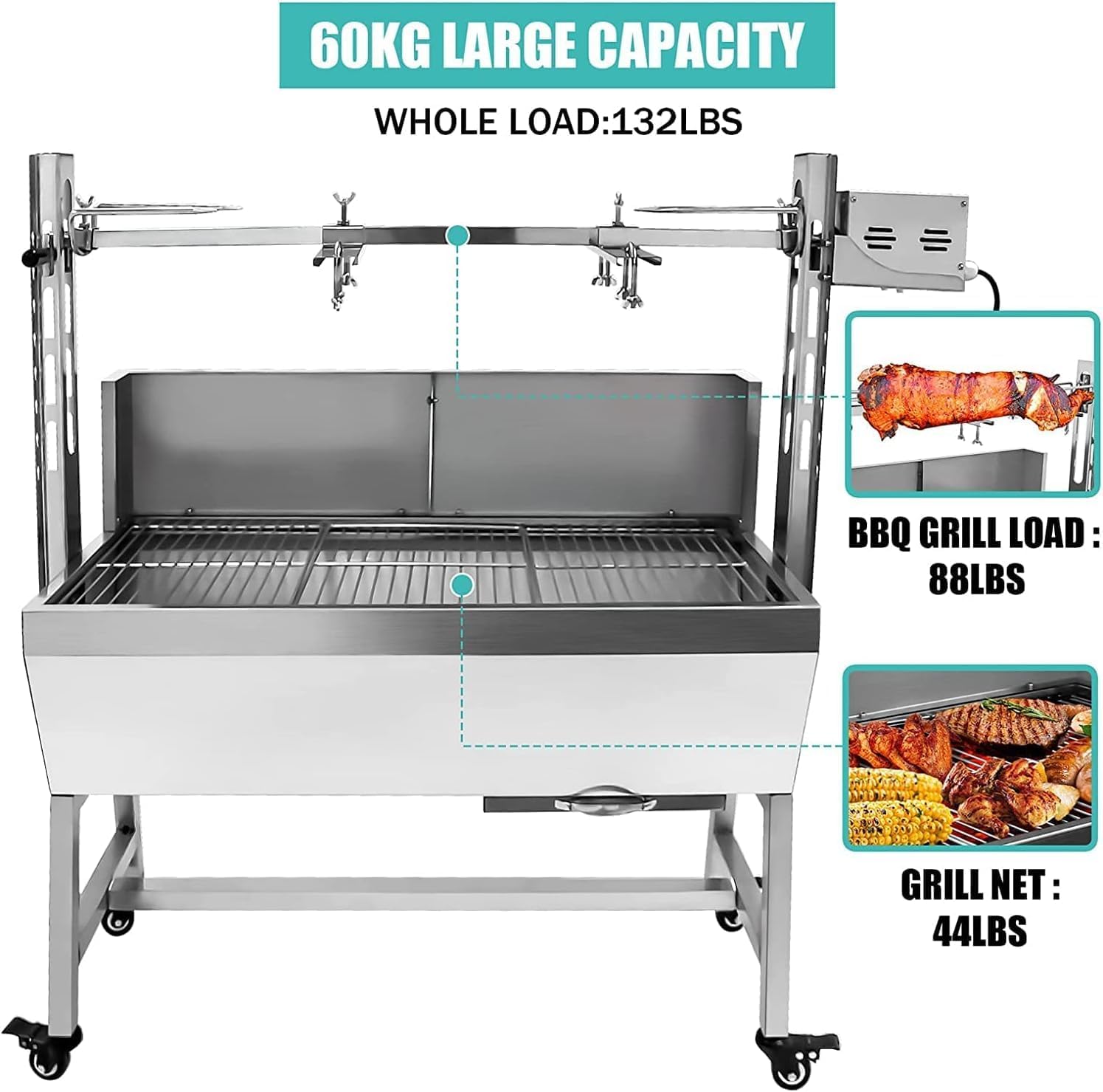 Stainless Steel Rotisserie Grill with Back Cover Guard, 25W Motor Small Pig Whole Lamb Rotisserie Roaster, 37' 132LBS BBQ Charcoal Rotisserie Roaster Grill for Camping Outdoor Kitchen